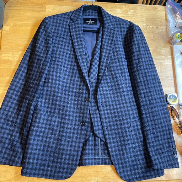 Jean Biani The Italian Fabric Blue/ Black Sport Coat & Vest with Gingham Pattern - Picture 1 of 14